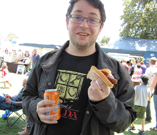 Bonus photo: Cody content at finding the local sausage sizzle.